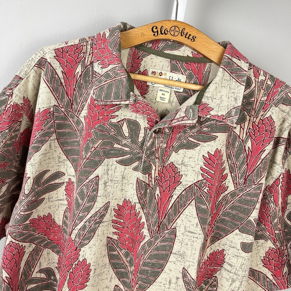 Crazy Shirts Hawaiian Polo Mens XL Red Olive Beige Floral Short‎ Sleeve Tropical